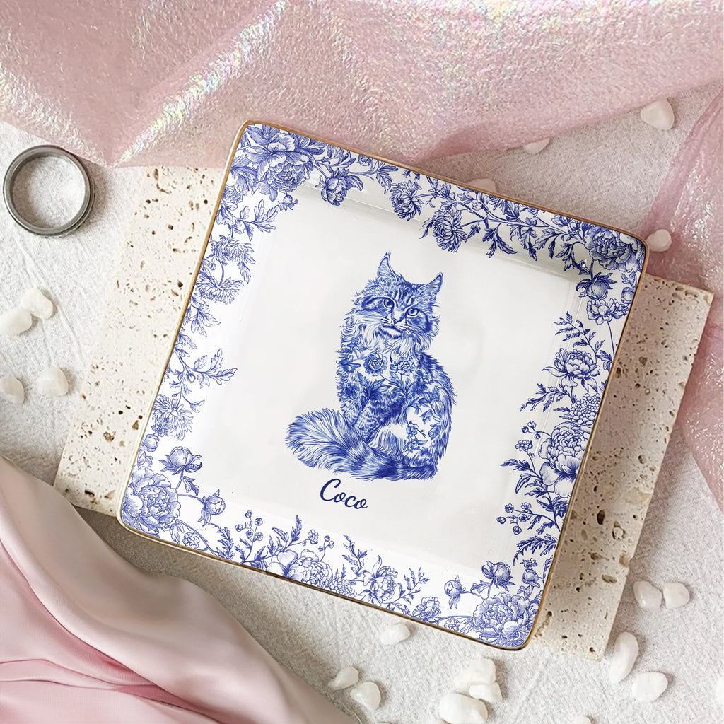 Cat Lover Chinoiserie Toile De Jouy Style - Personalized Jewelry Dish