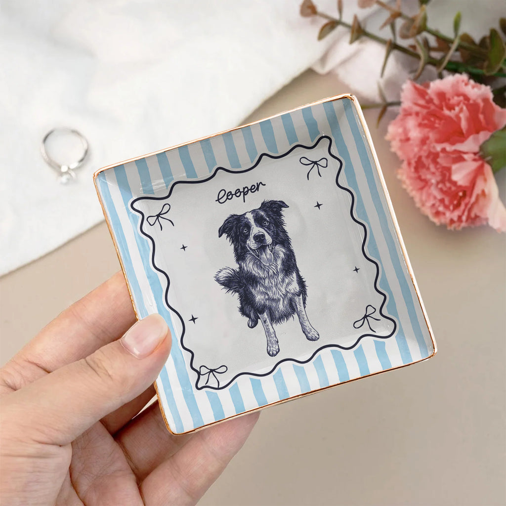 Custom Pet Portrait Sketch Line Art Striped Style - Personalized Jewelry Dish