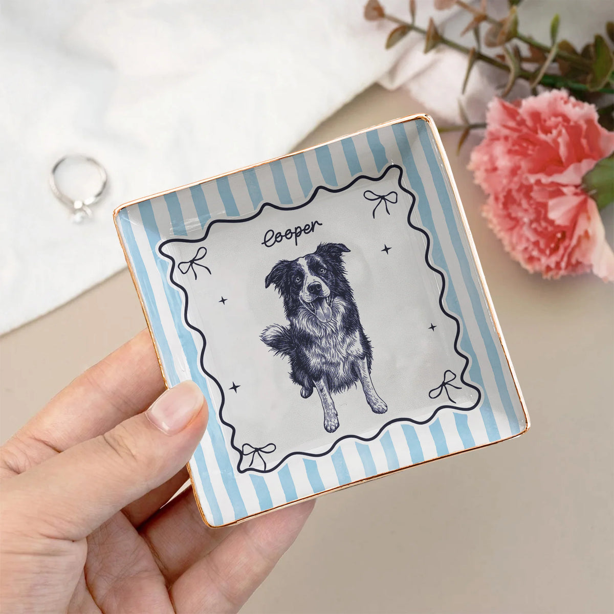 Custom Pet Portrait Sketch Line Art Striped Style - Personalized Jewelry Dish