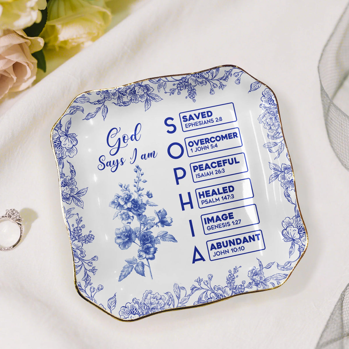 God Says I Am Name Letter In Bible Toile De Jouy Style - Personalized Jewelry Dish