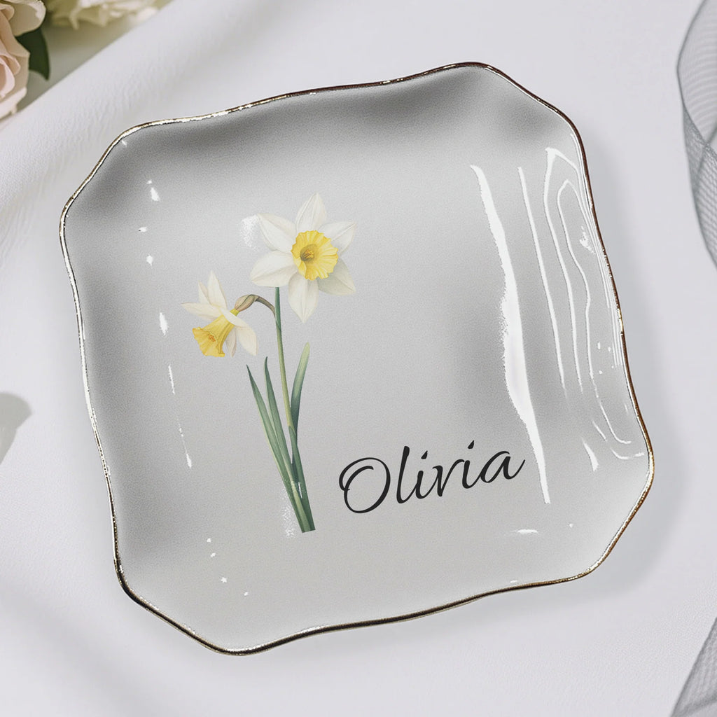 Custom Birth Flower & Name For Her, Gift For Friends, Sisters - Personalized Jewelry Dish