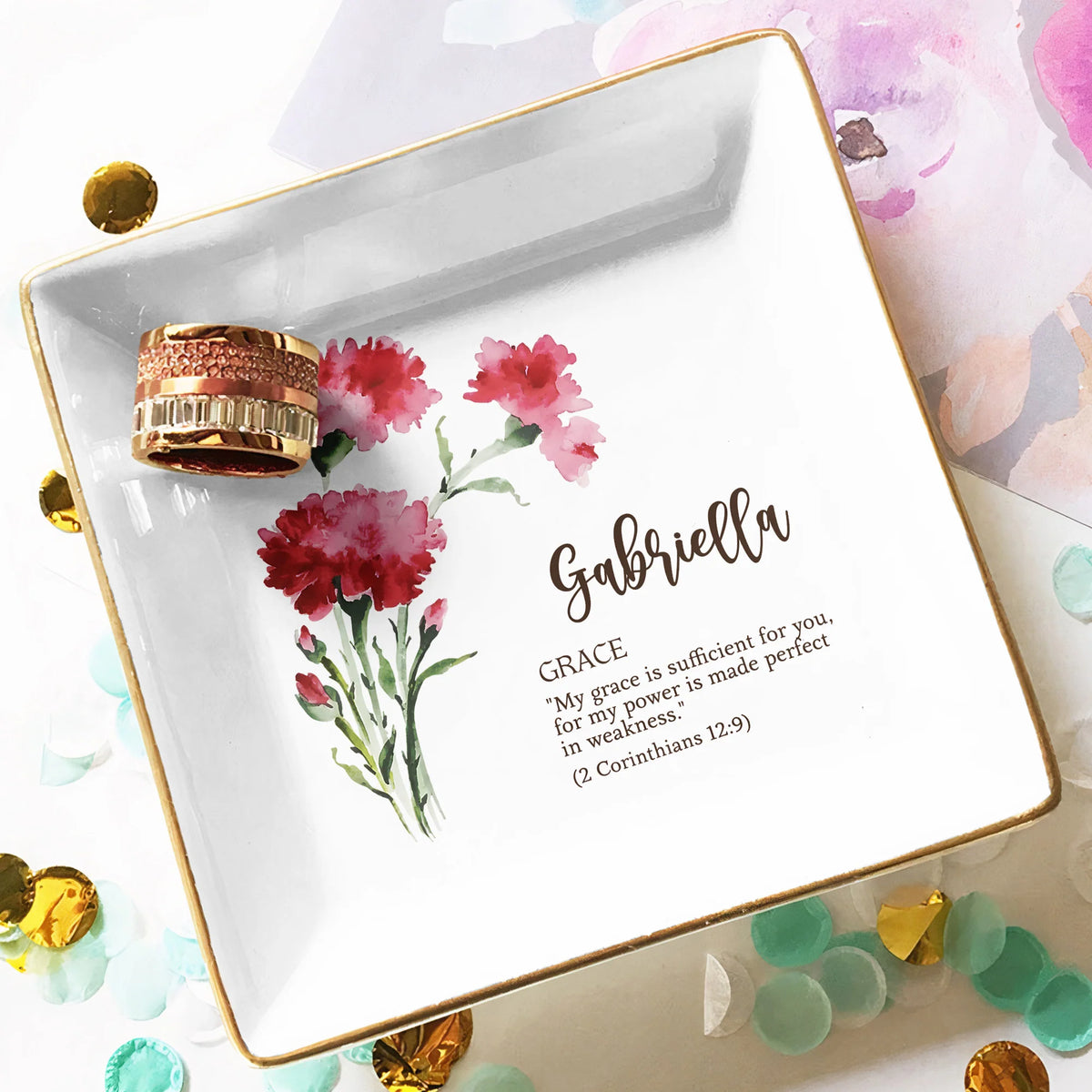 Custom Birth Flower Initial With Bible Verse - Personalized Jewelry Dish