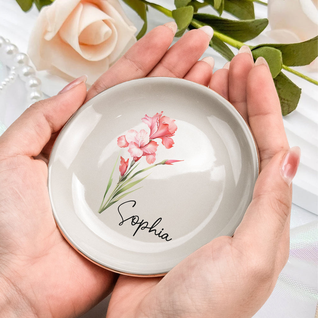 Custom Birth Flower & Name For Her, Gift For Friends, Sisters - Personalized Jewelry Dish