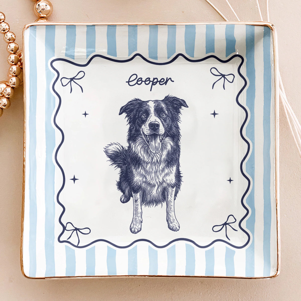 Custom Pet Portrait Sketch Line Art Striped Style - Personalized Jewelry Dish