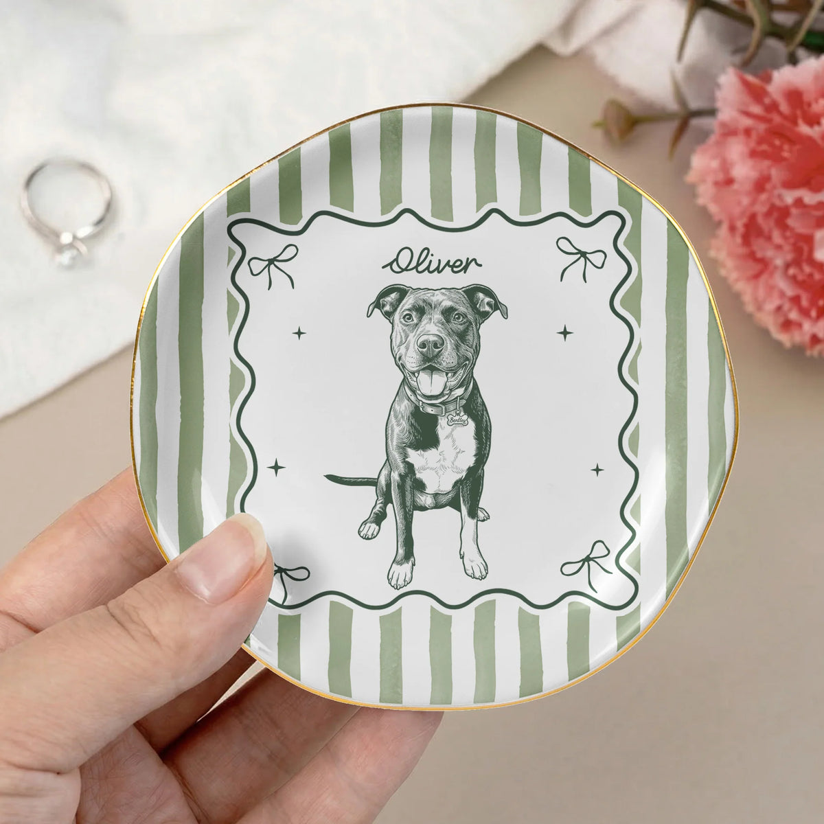Custom Pet Portrait Sketch Line Art Striped Style - Personalized Jewelry Dish