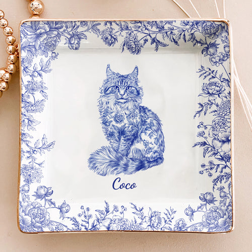 Cat Lover Chinoiserie Toile De Jouy Style - Personalized Jewelry Dish