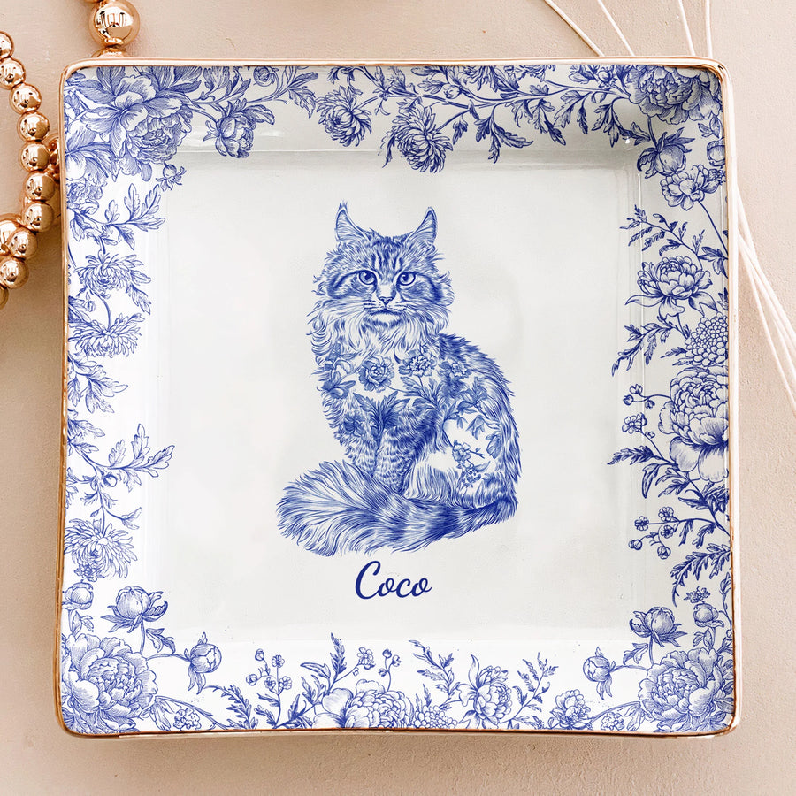 Cat Lover Chinoiserie Toile De Jouy Style - Personalized Jewelry Dish