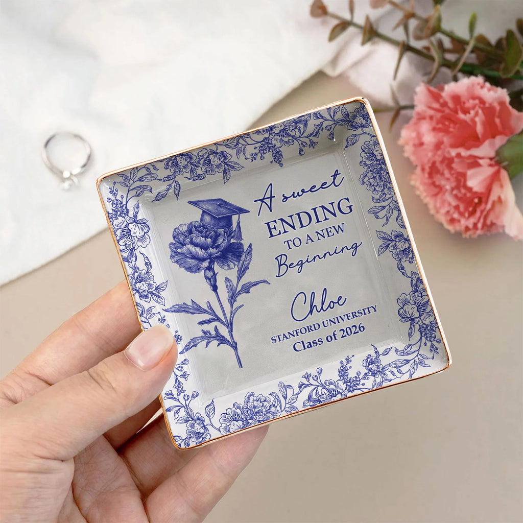 A Sweet Ending To A New Beginning Graduation Gifts For Her - Toile De Jouy Birth Flowers - Personalized Jewelry Dish