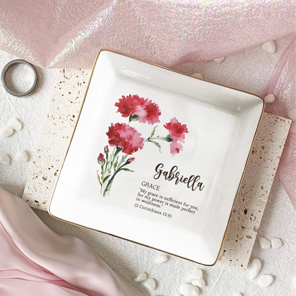 Custom Birth Flower Initial With Bible Verse - Personalized Jewelry Dish