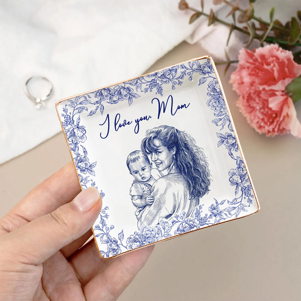 I Love You Mom Custom Photo Ring Dish Gift For Her - Personalized Photo Jewelry Dish