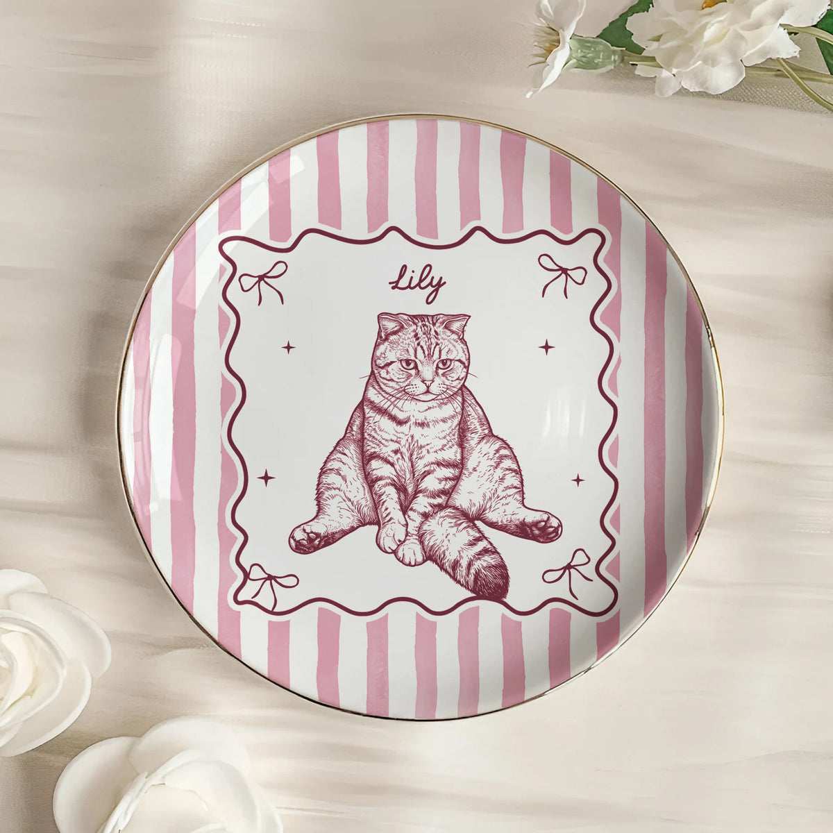Custom Pet Portrait Sketch Line Art Striped Style - Personalized Jewelry Dish