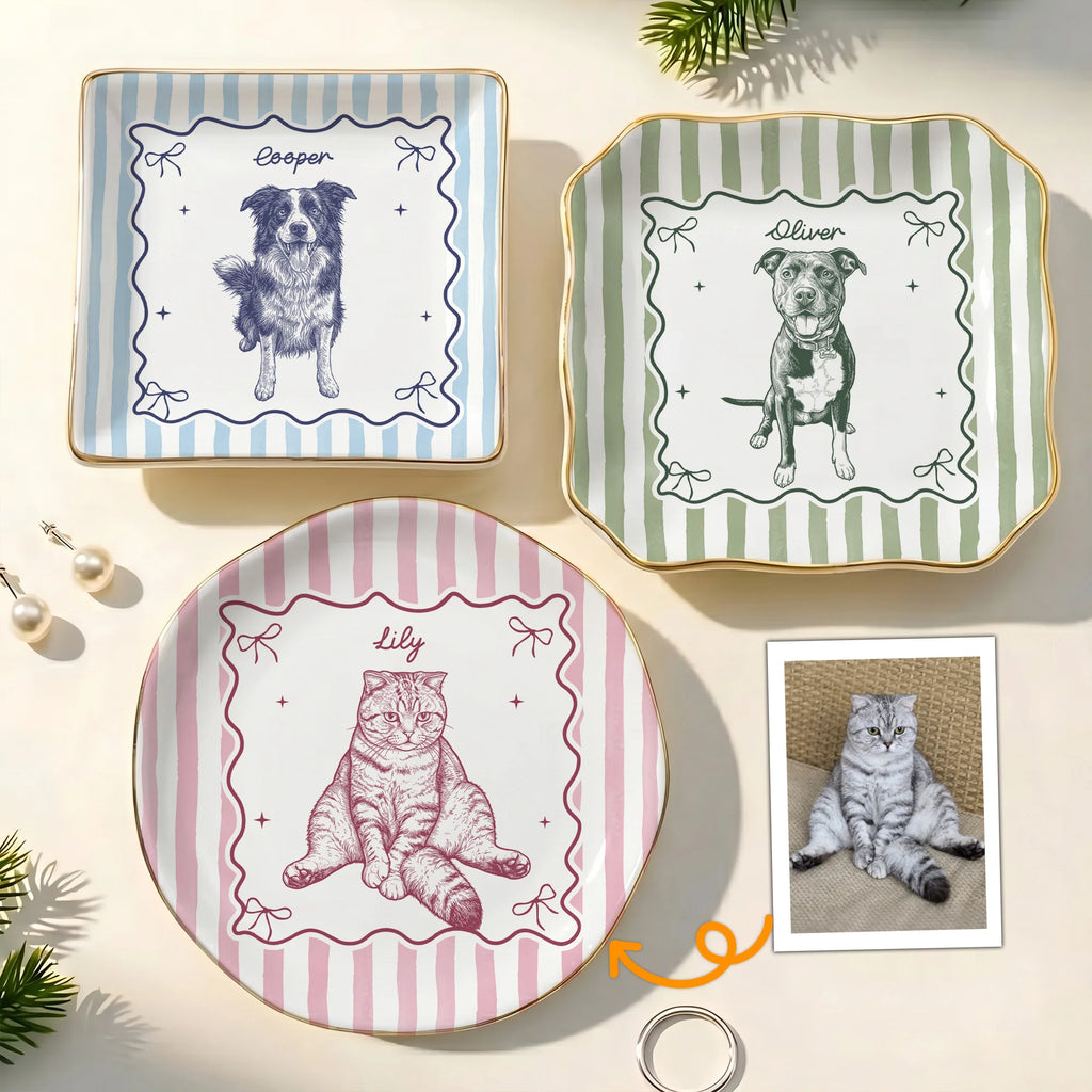 Custom Pet Portrait Sketch Line Art Striped Style - Personalized Jewelry Dish