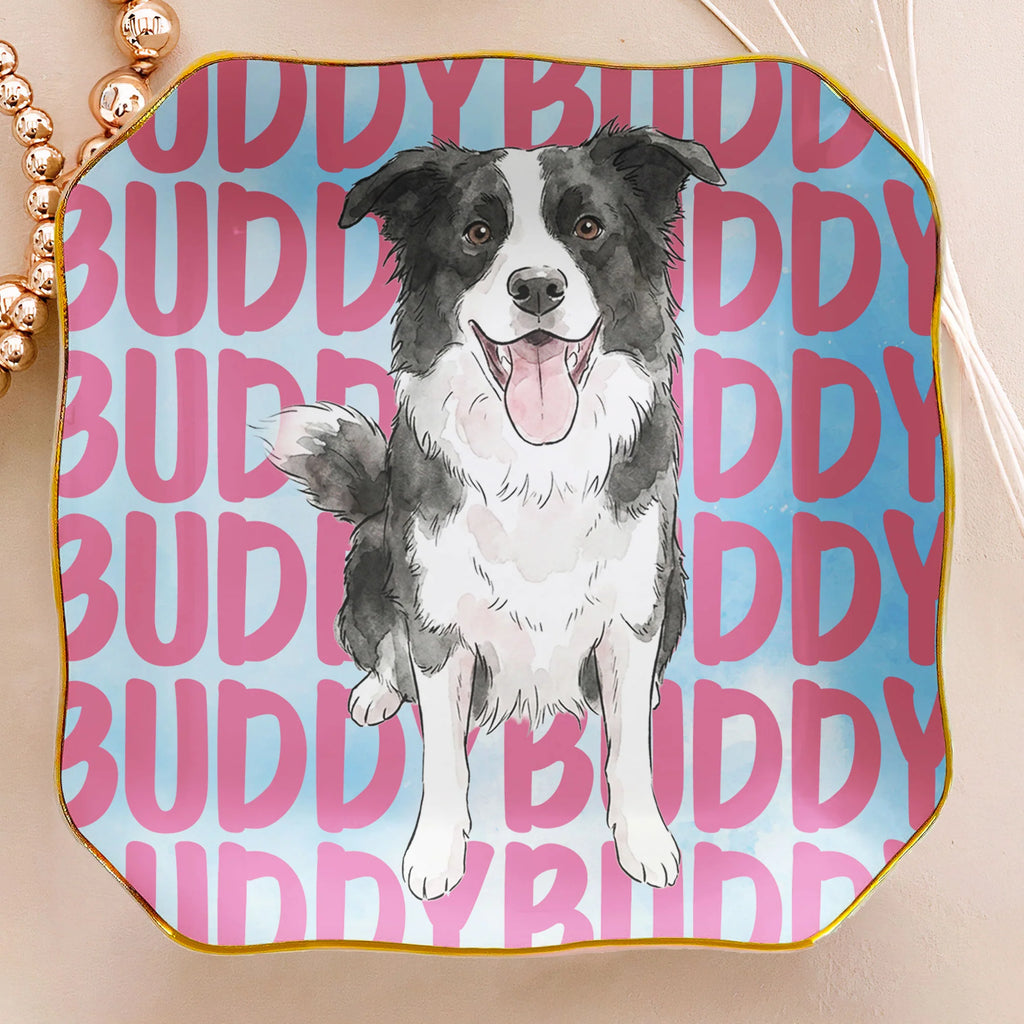 Custom Pet Portrait & Name Watercolor Style - Personalized Jewelry Dish