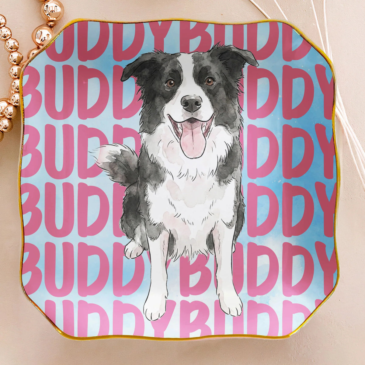 Custom Pet Portrait & Name Watercolor Style - Personalized Jewelry Dish