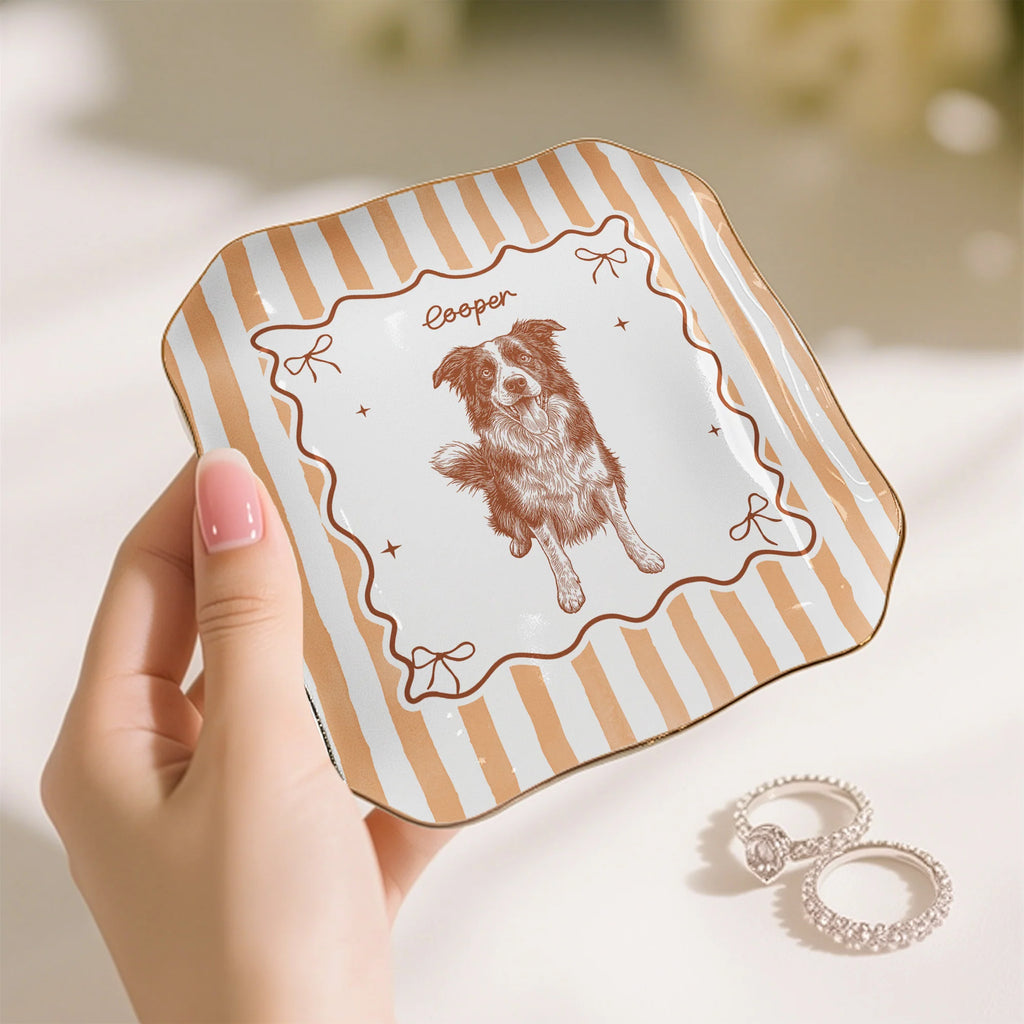 Custom Pet Portrait Sketch Line Art Striped Style - Personalized Jewelry Dish