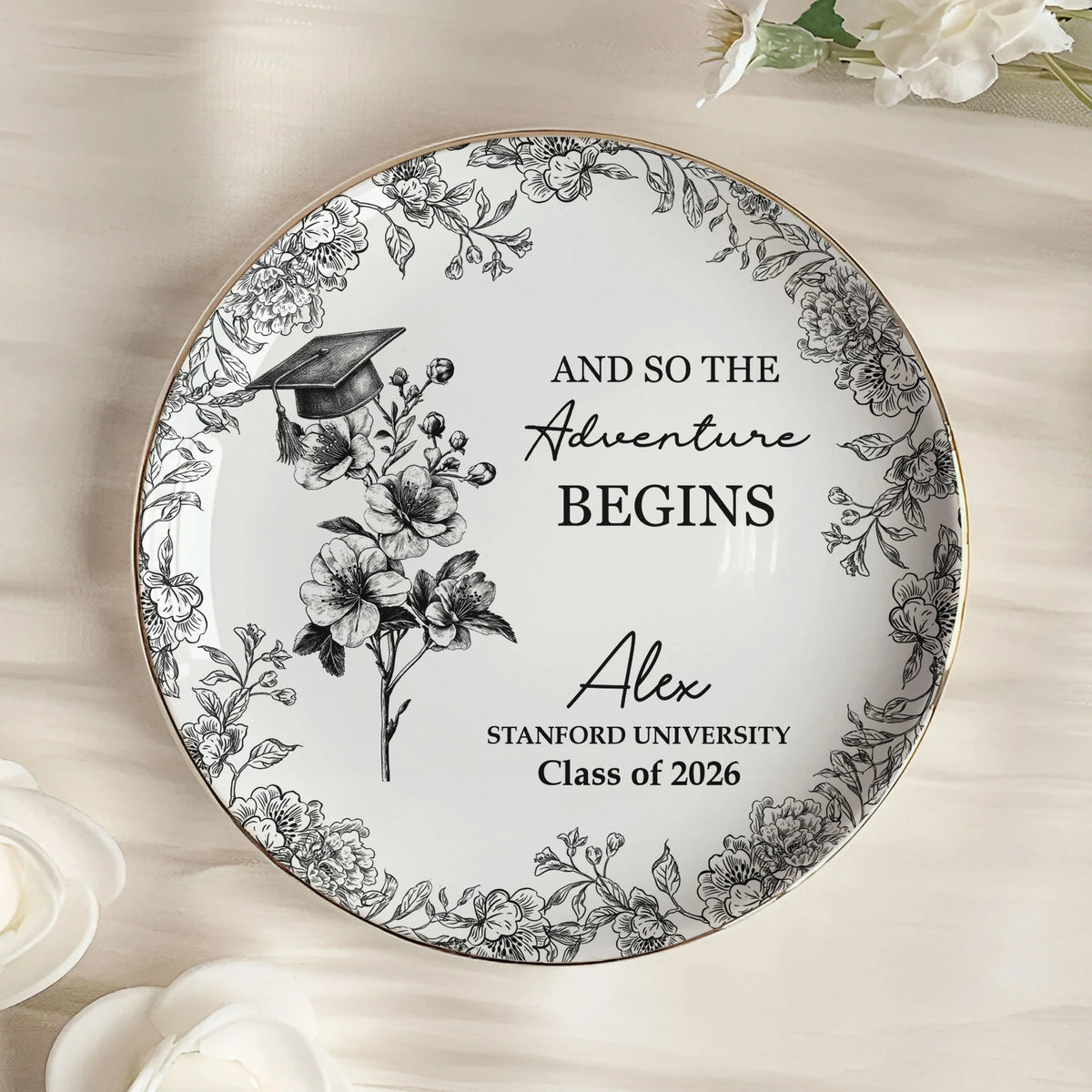 A Sweet Ending To A New Beginning Graduation Gifts For Her - Toile De Jouy Birth Flowers - Personalized Jewelry Dish