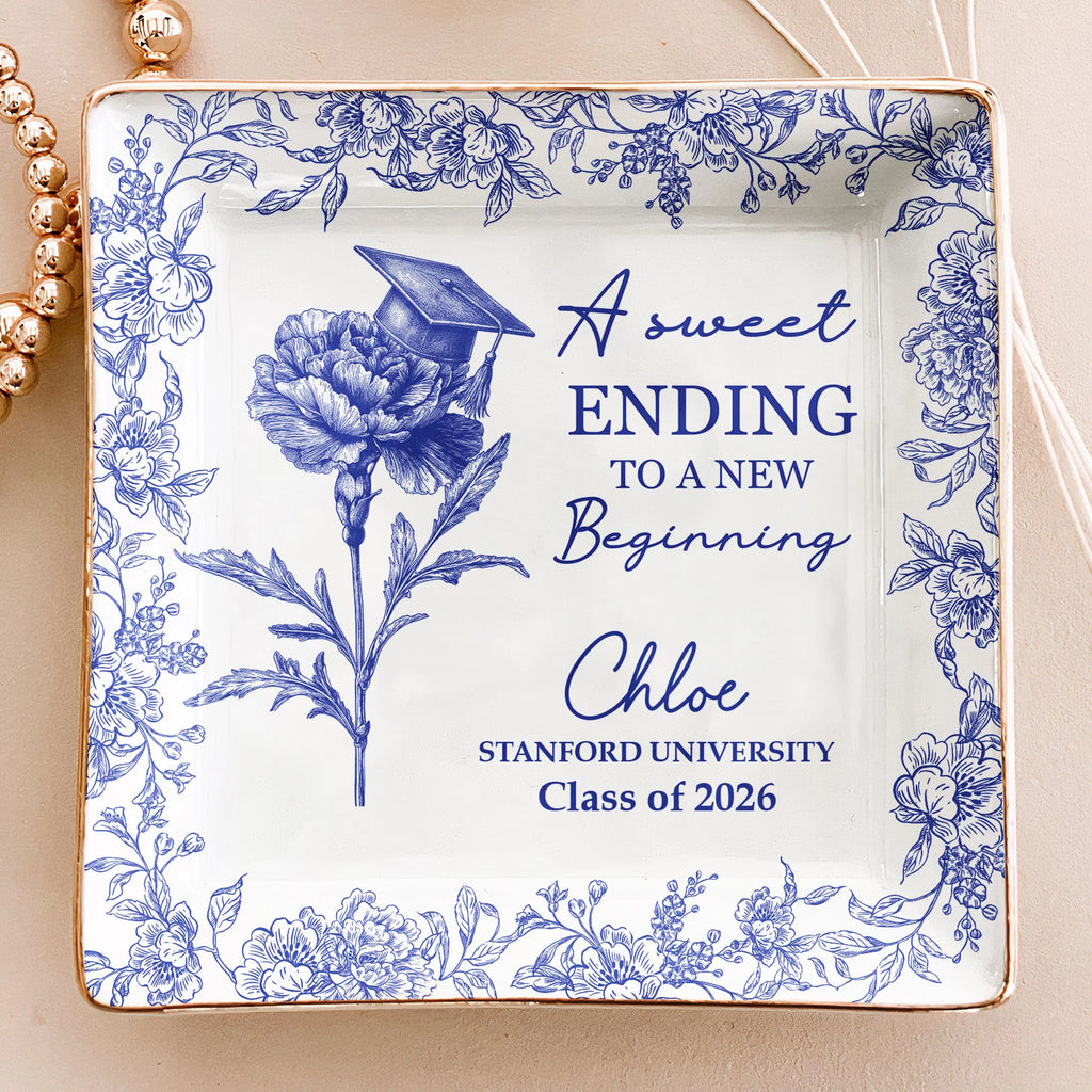 A Sweet Ending To A New Beginning Graduation Gifts For Her - Toile De Jouy Birth Flowers - Personalized Jewelry Dish
