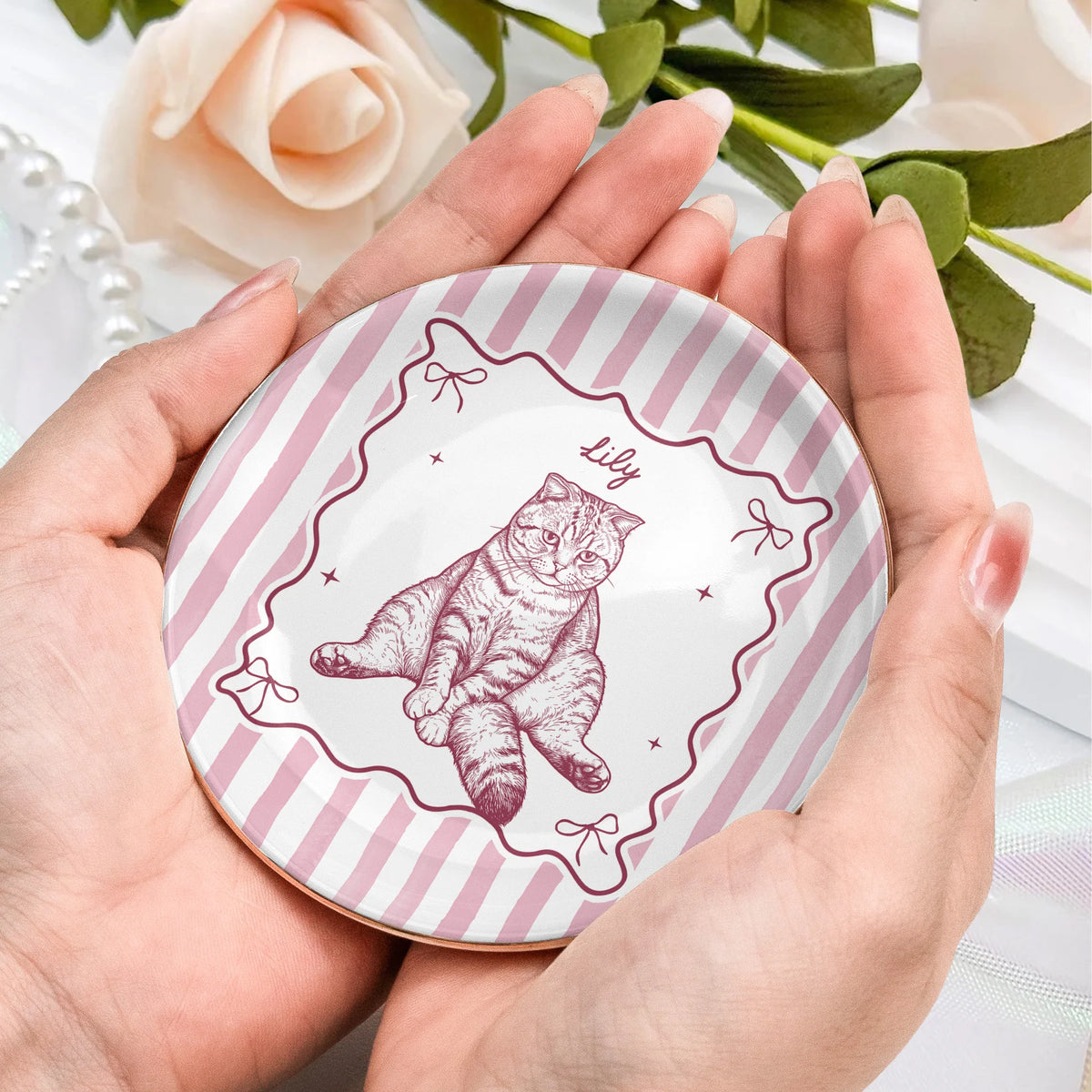Custom Pet Portrait Sketch Line Art Striped Style - Personalized Jewelry Dish