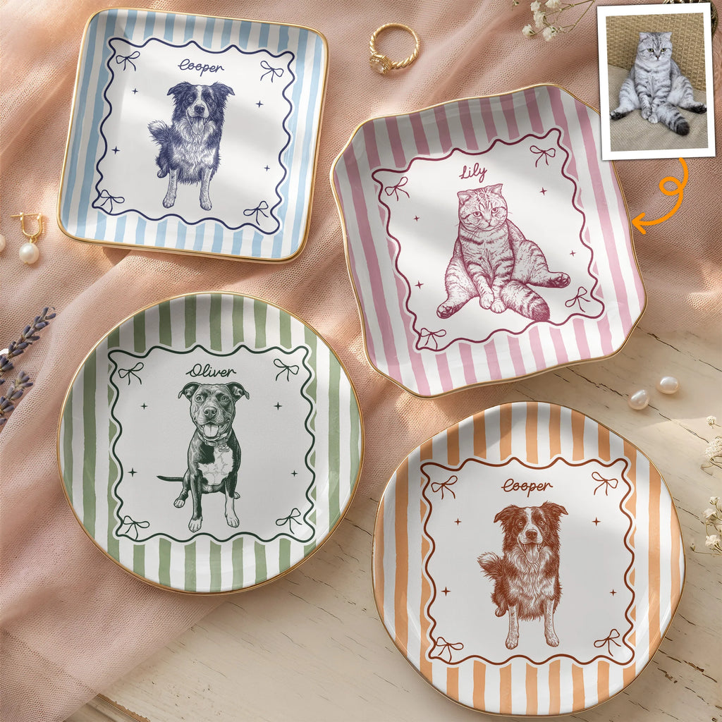 Custom Pet Portrait Sketch Line Art Striped Style - Personalized Jewelry Dish