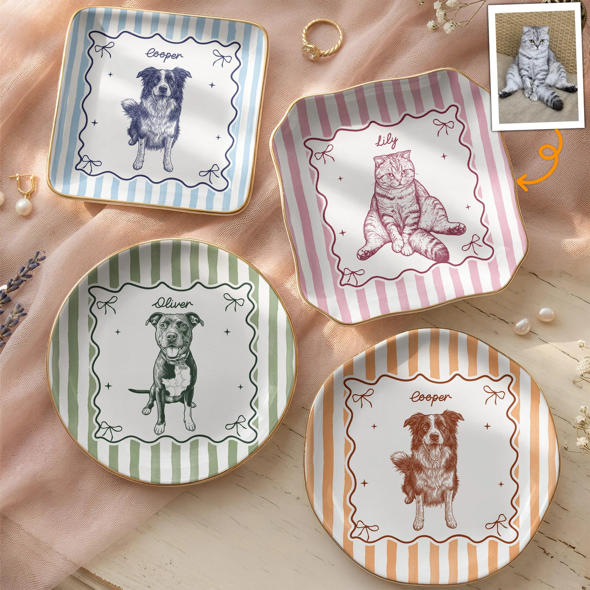 Custom Pet Portrait Sketch Line Art Striped Style - Personalized Jewelry Dish